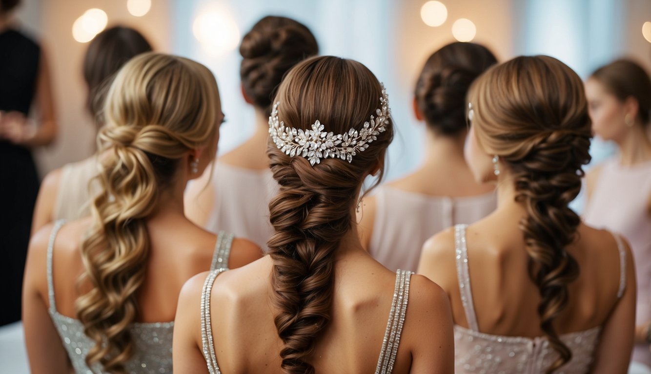 A hairstylist carefully applies finishing touches to a glamorous prom hairstyle, ensuring every strand is in place and adding a final touch of shine