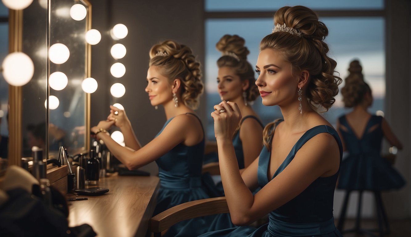 A young woman sits in front of a mirror, carefully styling her hair for prom. She is creating a personalized down hairstyle, adding curls and accessories for the perfect look