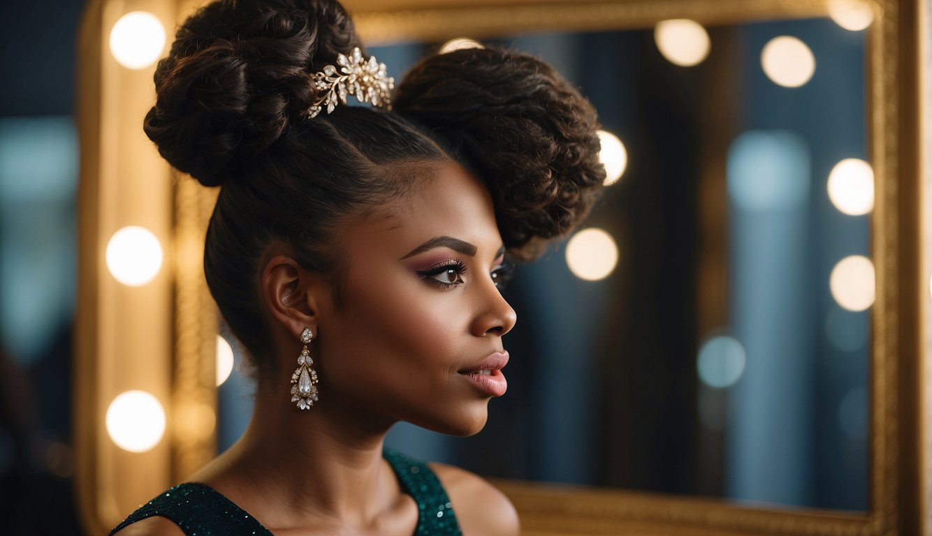 A young black girl with glamorous updos for prom, adorned with elegant accessories, stands confidently in front of a mirror, admiring her stunning hairstyle_Prom Hairstyles Black Girl