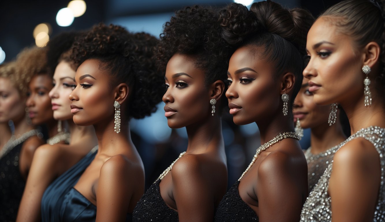 A group of diverse mannequins display elegant prom hairstyles for natural black hair_Prom Hairstyles Black Girl