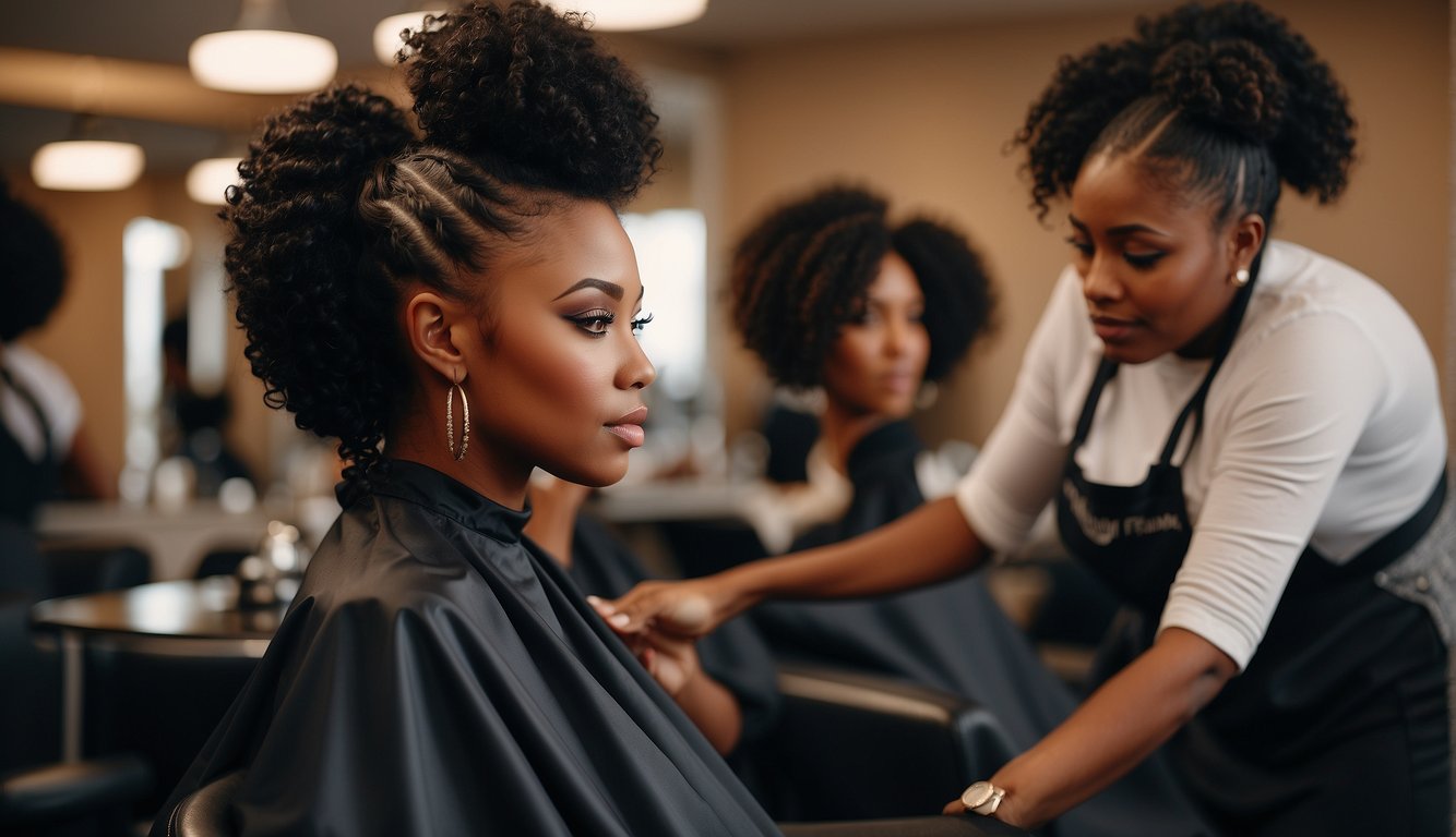 A black girl sits in a salon chair as a professional stylist works on her hair, creating a stunning prom hairstyle_Prom Hairstyles Black Girl