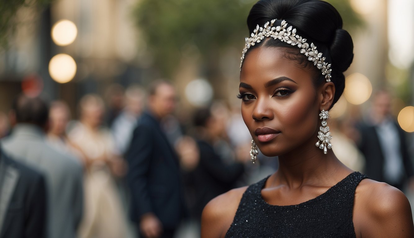 A black girl with sleek, shiny hair styled in an elegant updo, adorned with delicate hair accessories, exuding confidence and sophistication_Prom Hairstyles Black Girl