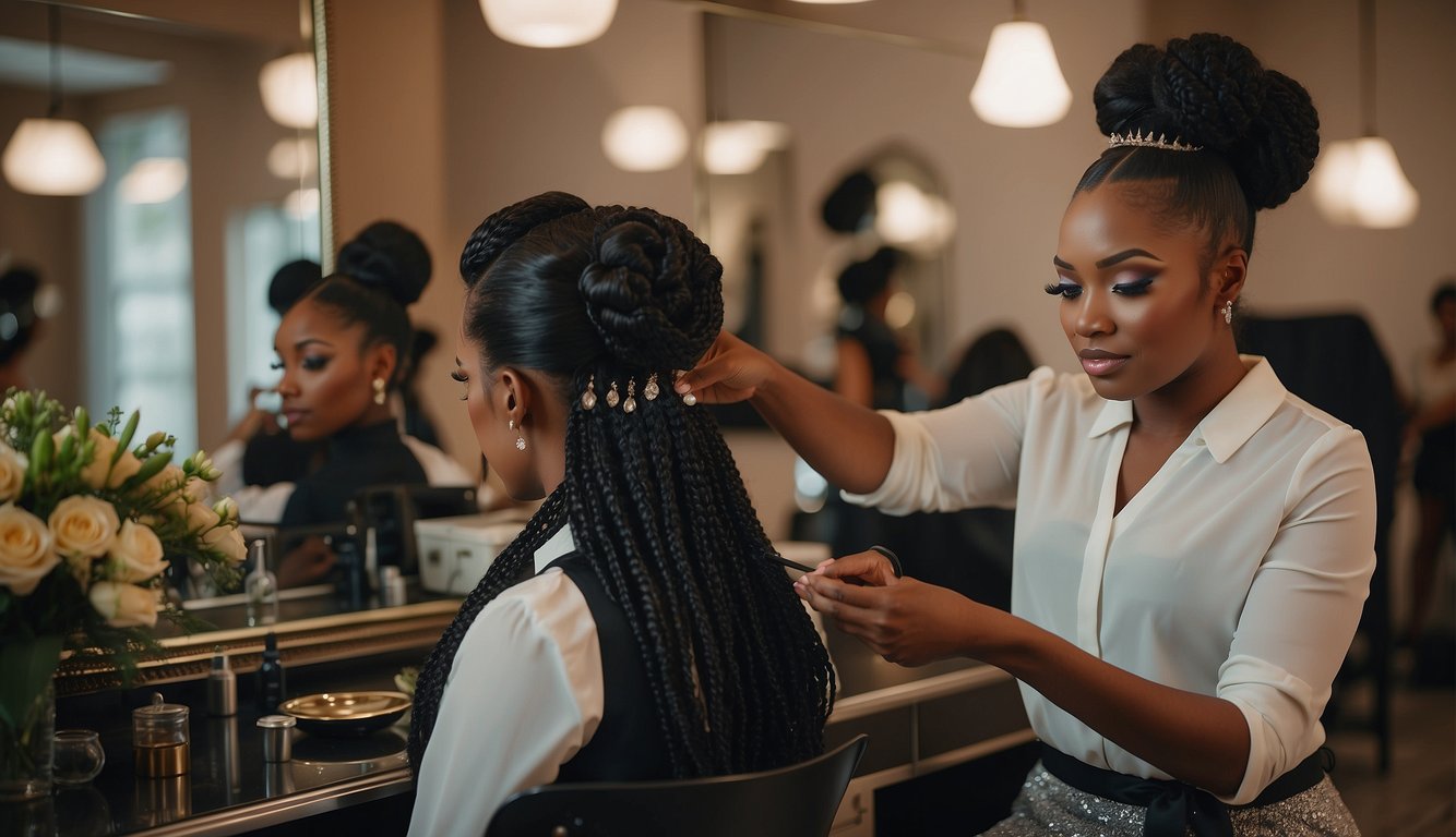 A stylist adding final touches to a black girl's prom hairstyle. Hair spray and a comb on a table. Mirror reflecting the finished look_Prom Hairstyles Black Girl