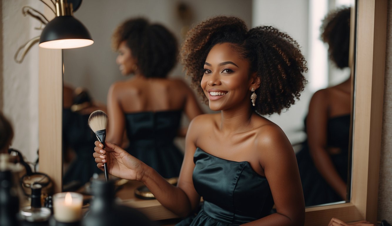 A black girl sits in front of a mirror, trying on different hairstyles for prom. She holds a hairbrush and looks at herself with a smile_Prom Hairstyles Black Girl