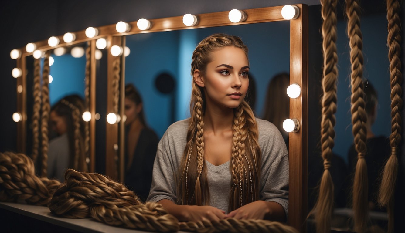 A girl sits in front of a mirror, holding different types of braids, contemplating which one to choose for her prom look