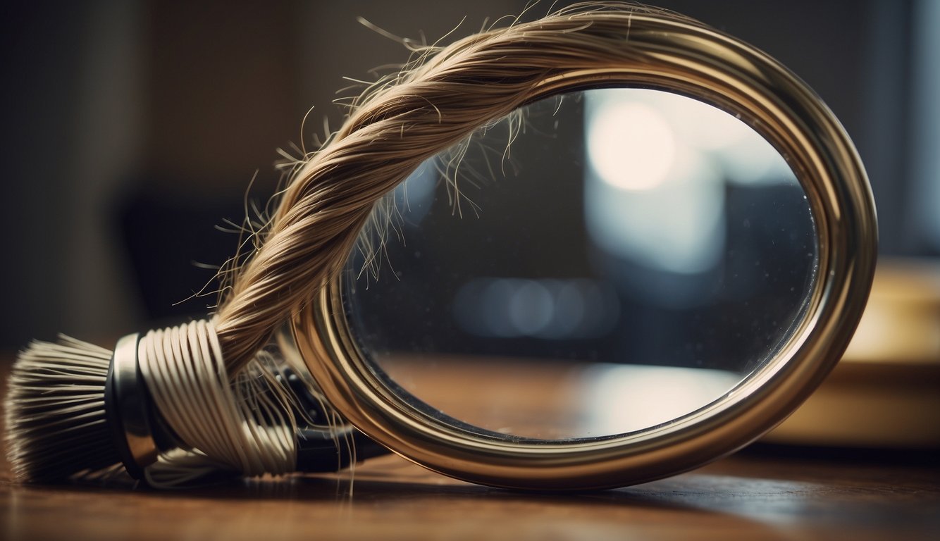 A mirror reflects a messy braid with loose strands and uneven sections. A comb and hairspray sit nearby, ready for use