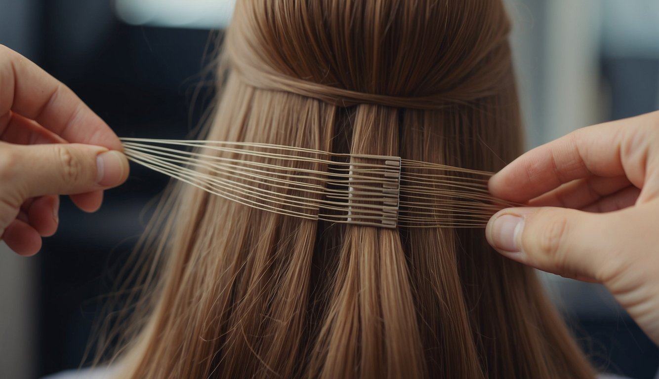 Hair strands being combed and divided into sections, with bobby pins and hair ties ready for braiding