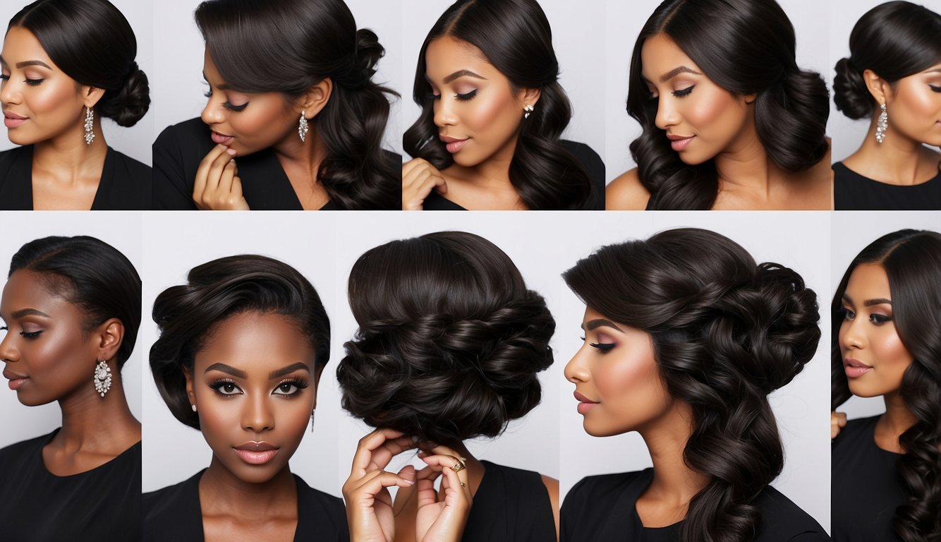 A black-haired person selects a prom hairstyle from a variety of options
