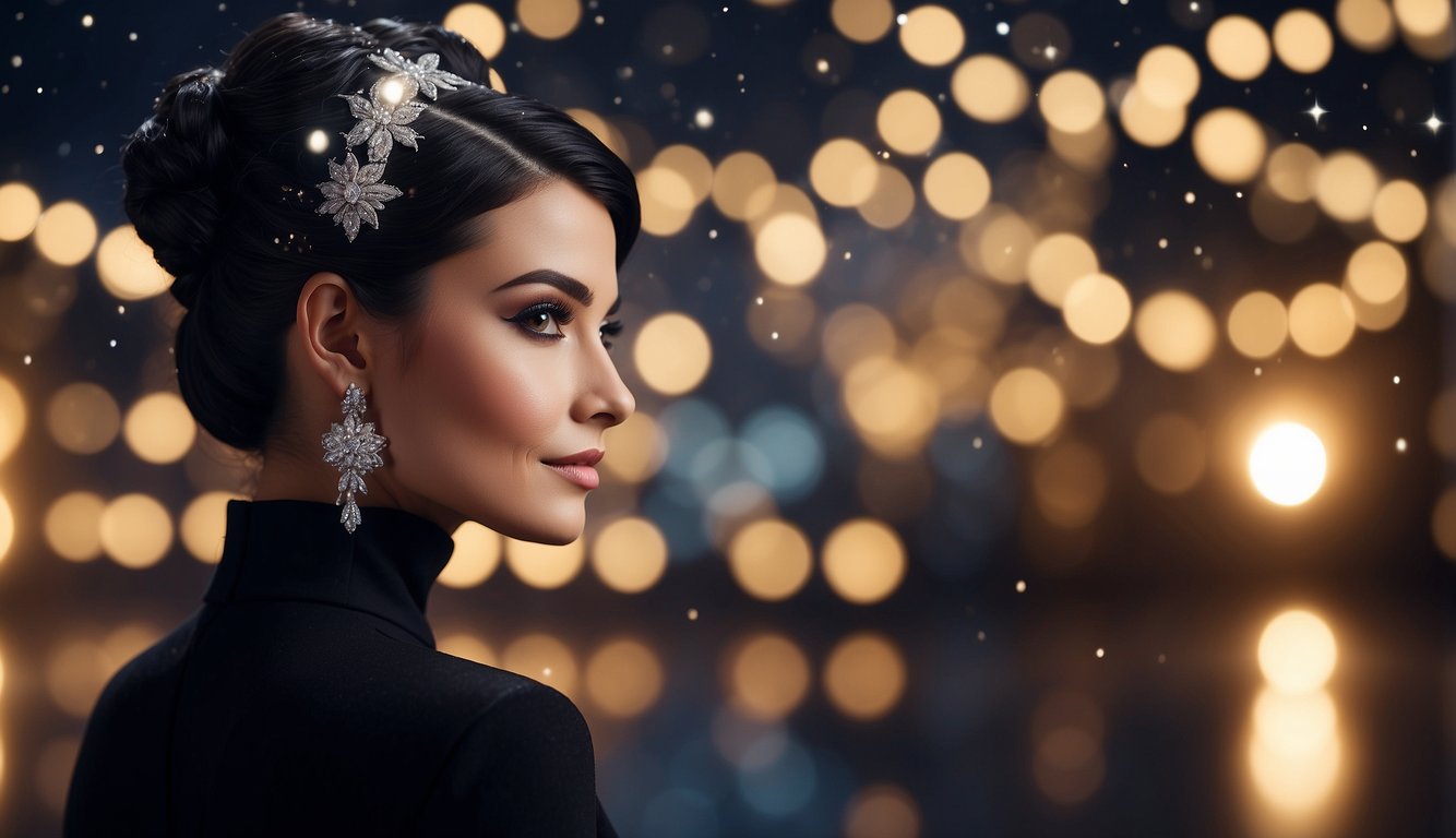 A black-haired figure with a sleek, elegant updo adorned with sparkling hair accessories, standing against a background of twinkling lights and stars