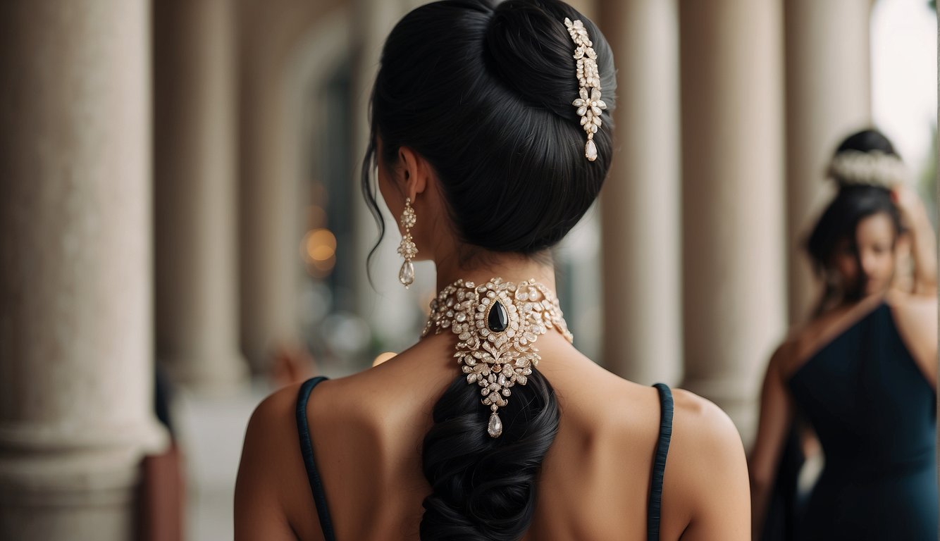 Black hair in various styles, with curls and waves, adorned with prom accessories