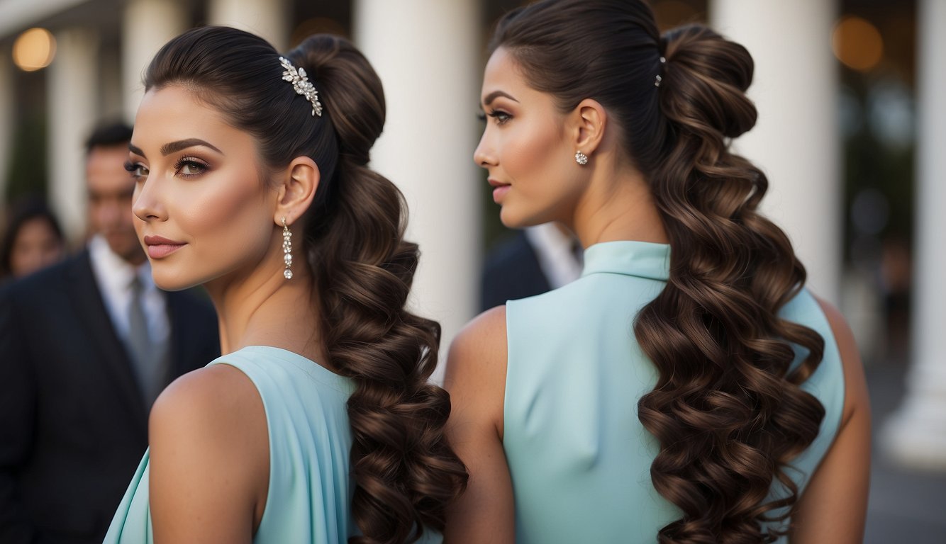 Two elegant ponytail hairstyles for prom, one sleek and straight, the other curly and voluminous, both designed for black hair