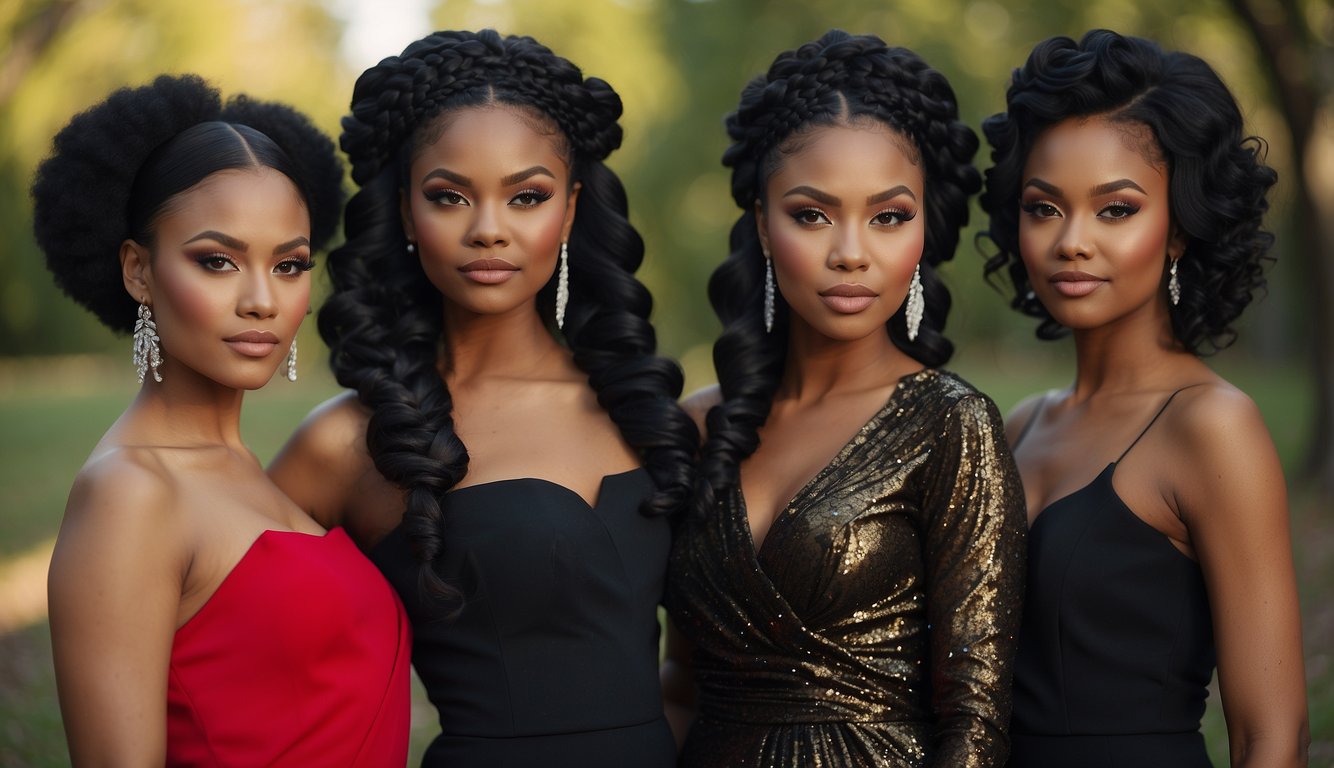 A group of elegant black hairstyles for prom, showcasing a variety of intricate braids, sleek updos, and glamorous curls