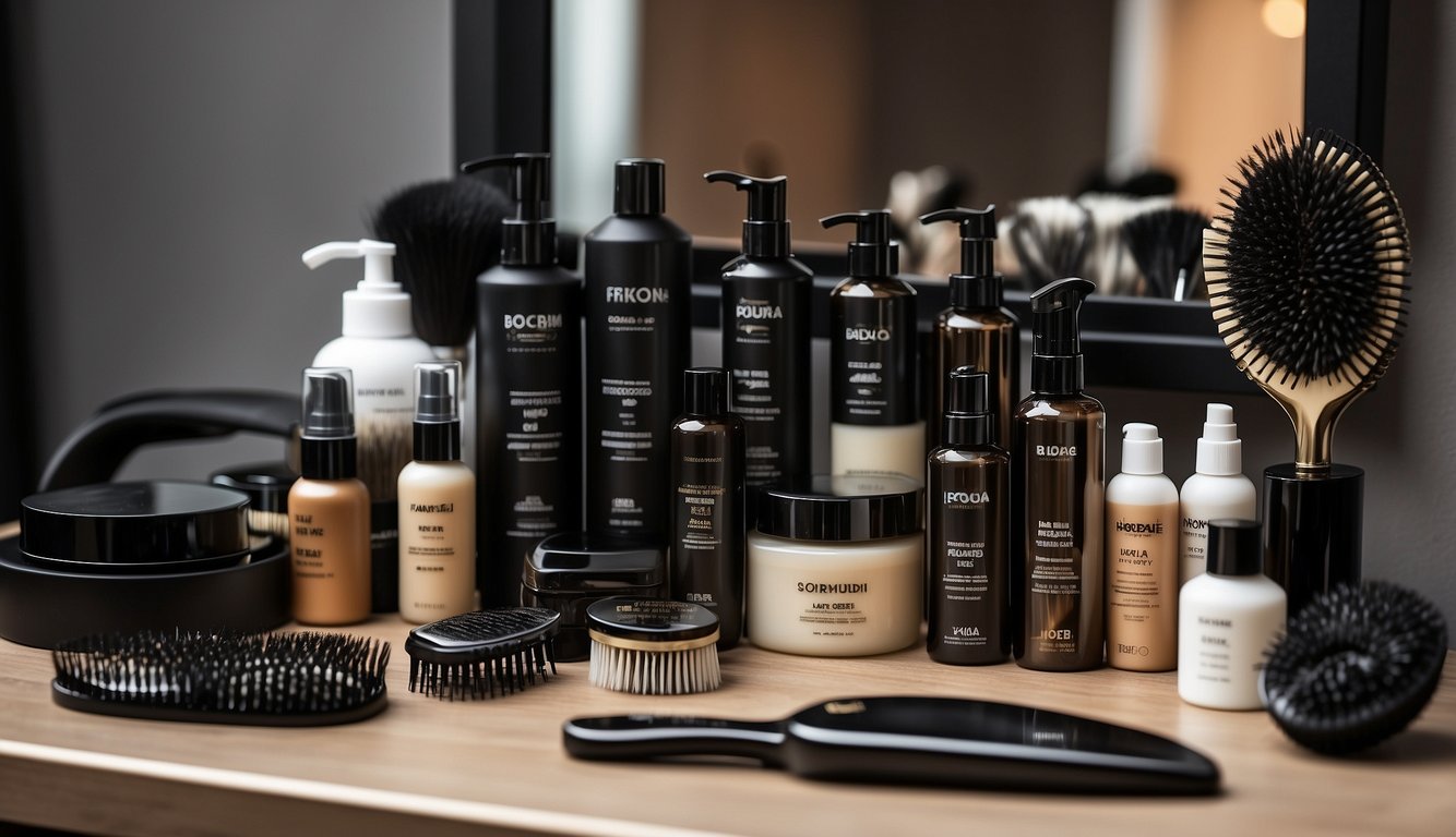 A table with various hair care products and styling tools, including combs, brushes, hair gel, and hair spray. A mirror reflects the table, showing a black hair prom hairstyle poster
