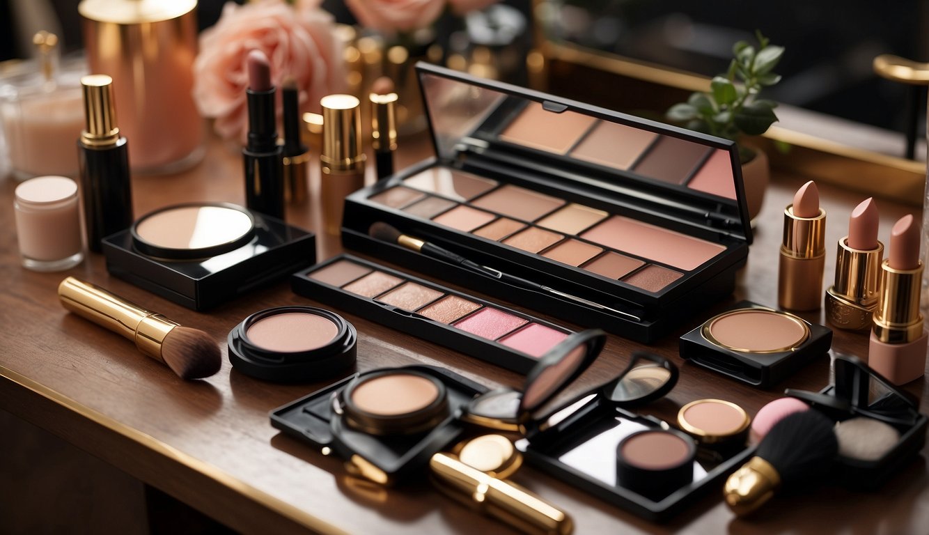 A table displays makeup essentials: foundation, eyeshadow palette, mascara, eyeliner, blush, and lipstick. Lighting highlights the products