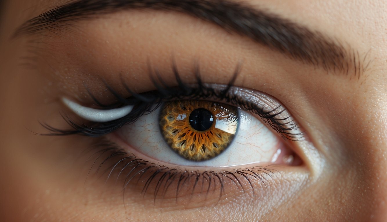 A close-up of sparkling eyes with bold eyeshadow and long lashes, radiating confidence and allure
