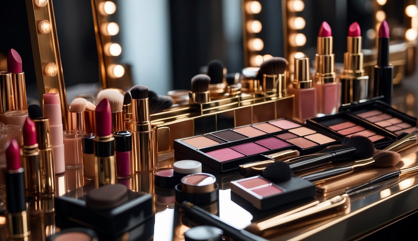 A table with various makeup products and brushes arranged neatly, with a mirror reflecting the colorful lipsticks and glosses