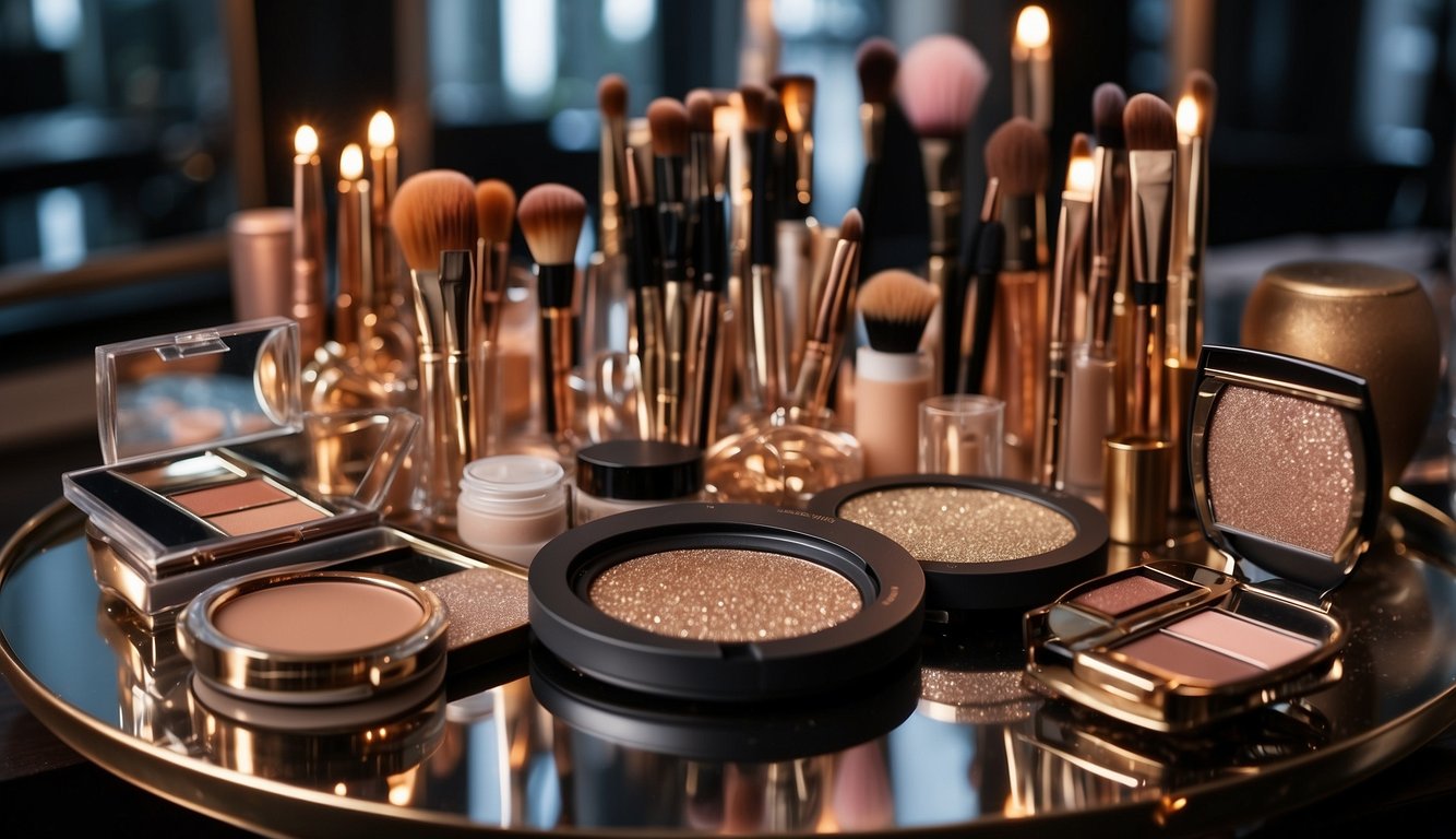 A table set with makeup brushes, palettes, and glitter. A mirror reflects the glamorous makeup looks