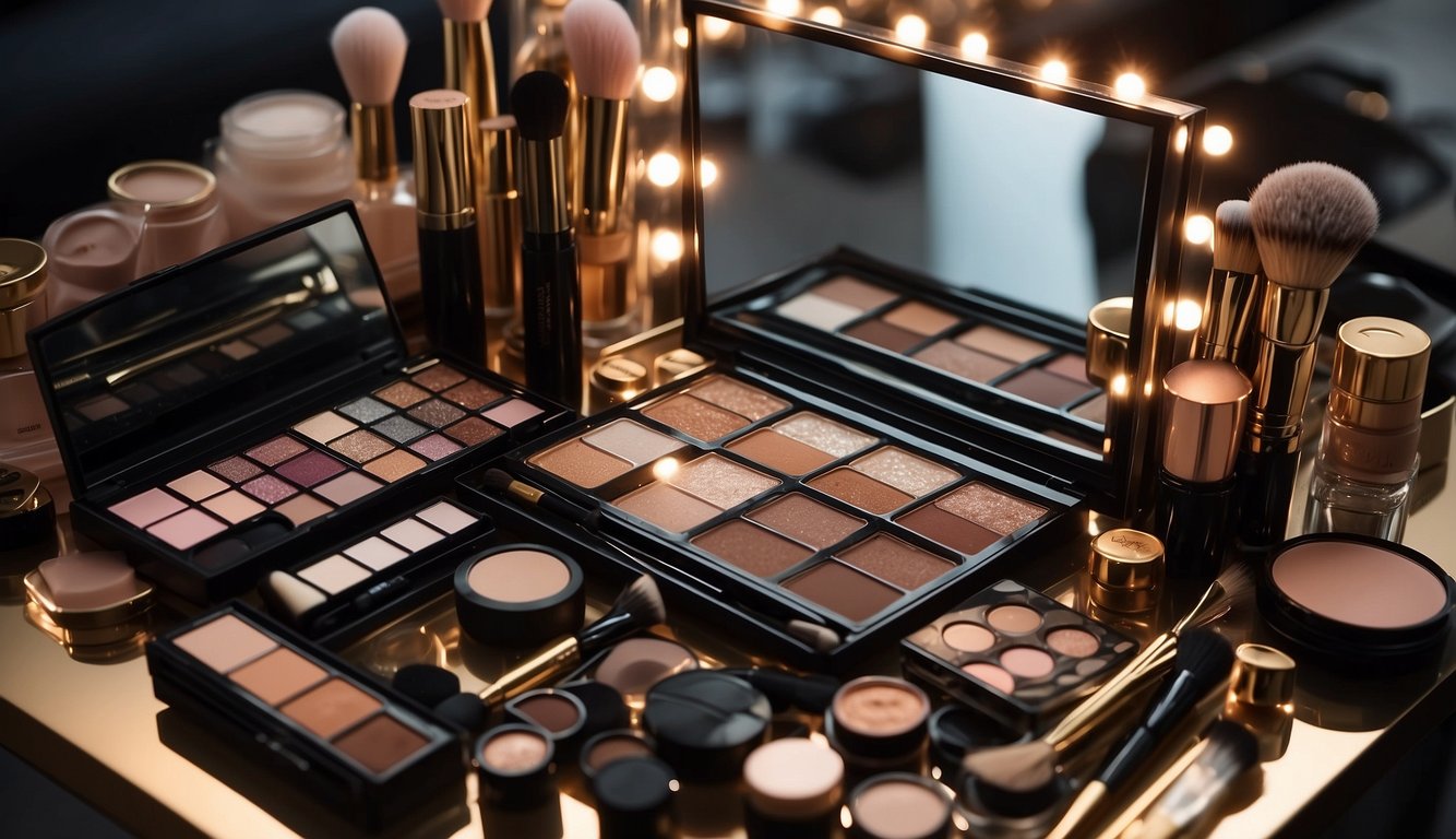 A table with various makeup products and brushes, a mirror reflecting a glowing makeup look, and a mood board with prom makeup trends and ideas