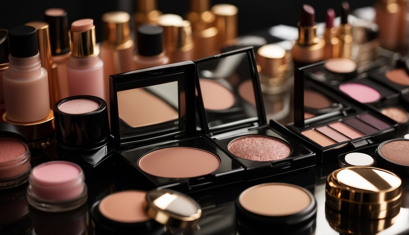 A table displays a variety of makeup products in complementary shades, including eyeshadows, lipsticks, and blushes. A mirror reflects the products, creating a glamorous setting for prom makeup ideas