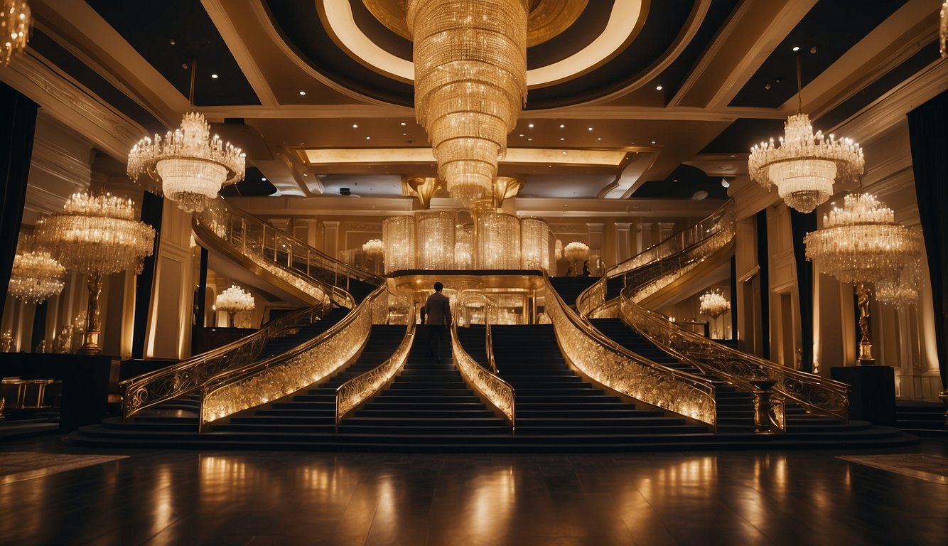 A lavish ballroom with art deco decor, glittering chandeliers, and a grand staircase. Tables adorned with gold and black accents, overflowing with champagne and feathers. Music and laughter fill the air