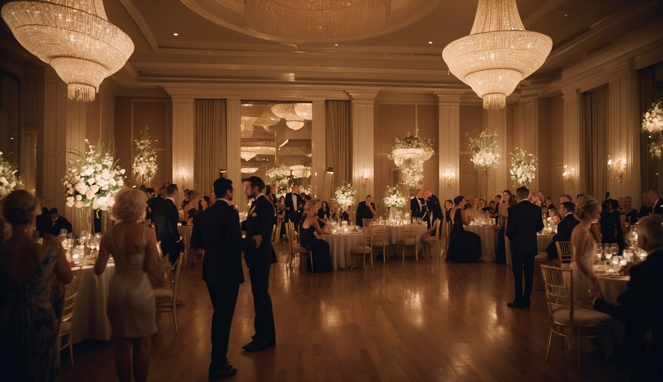A luxurious ballroom with art deco decor, sparkling chandeliers, and opulent floral arrangements. The room is filled with elegantly dressed guests, sipping champagne and dancing to jazz music
