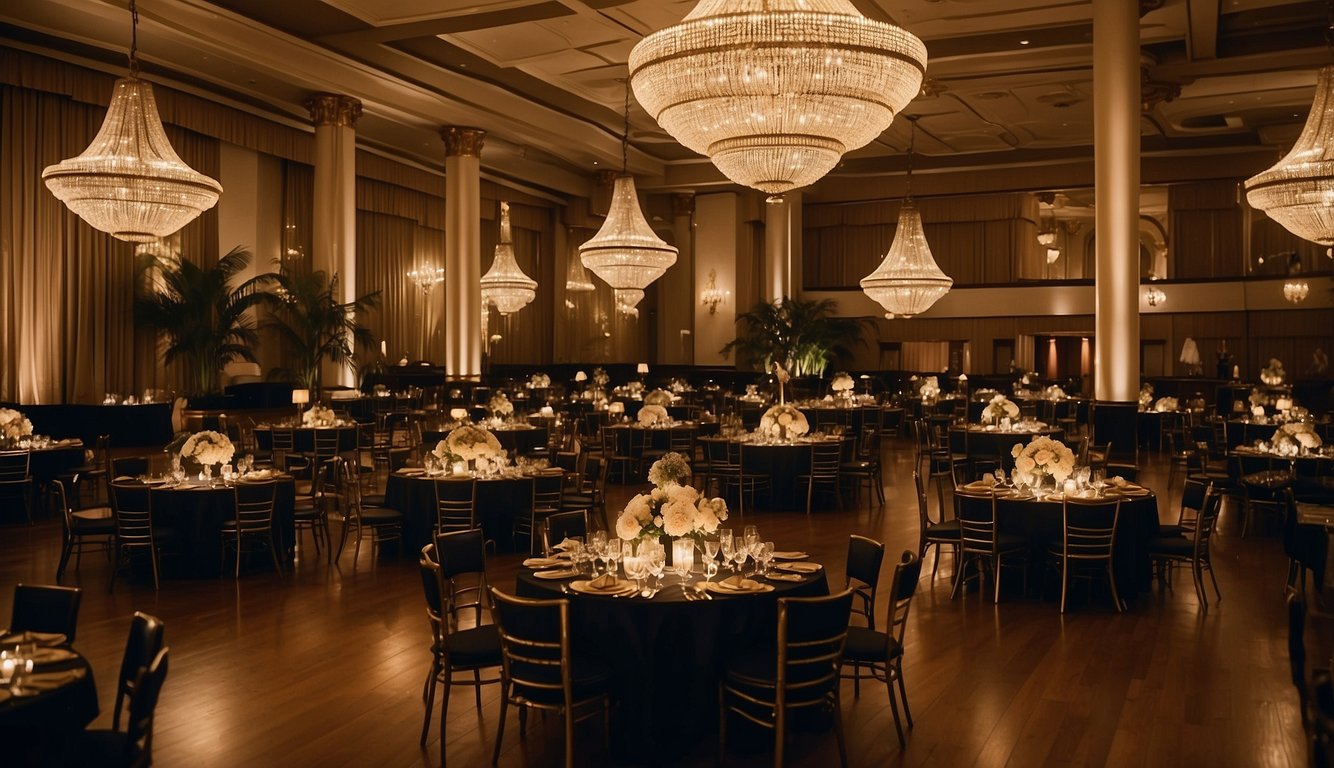 A grand ballroom adorned with art deco decor, sparkling chandeliers, and a live jazz band playing on stage. Tables are draped in luxurious black and gold linens, and guests are dressed in glamorous 1920s attire