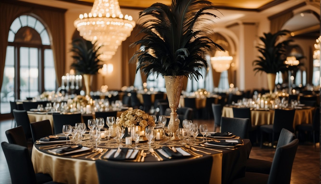 A luxurious ballroom with art deco decorations, sparkling chandeliers, and elegant black and gold accents. Tables adorned with feather centerpieces and champagne flutes