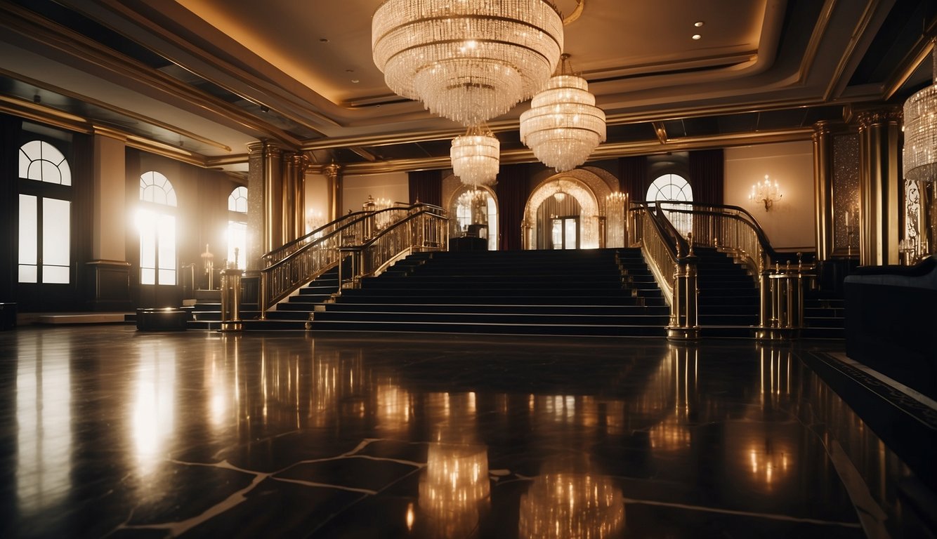 The room is adorned with art deco decorations, shimmering chandeliers, and a black and gold color scheme. A grand staircase leads to the dance floor, where a jazz band plays lively music
