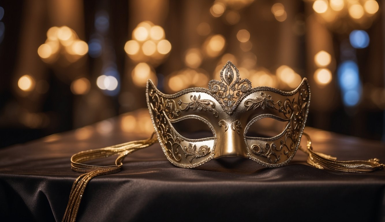 A grand ballroom adorned with elegant masks, shimmering lights, and opulent decorations, creating an enchanting atmosphere for the masquerade prom theme Masquerade Prom Theme