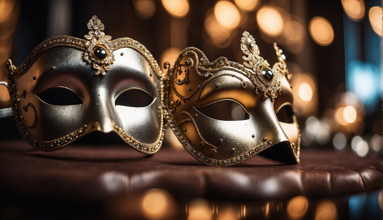 A grand ballroom adorned with elegant masks, twinkling lights, and opulent decorations for a masquerade prom Masquerade Prom Theme