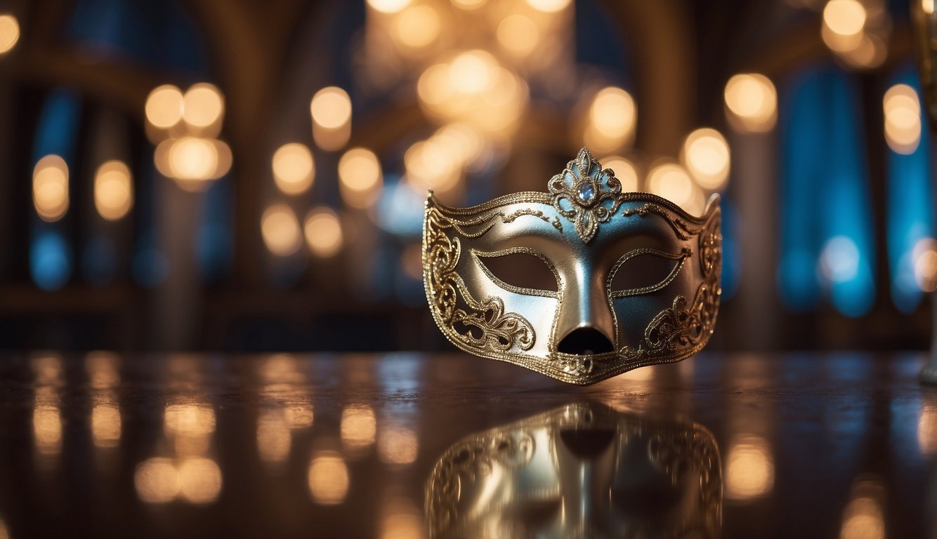 Guests in elegant masks mingle in a ballroom adorned with glittering decorations and flowing drapes, evoking a masquerade prom theme. Staff in formal attire attend to guests, ensuring adherence to event policies Masquerade Prom Theme