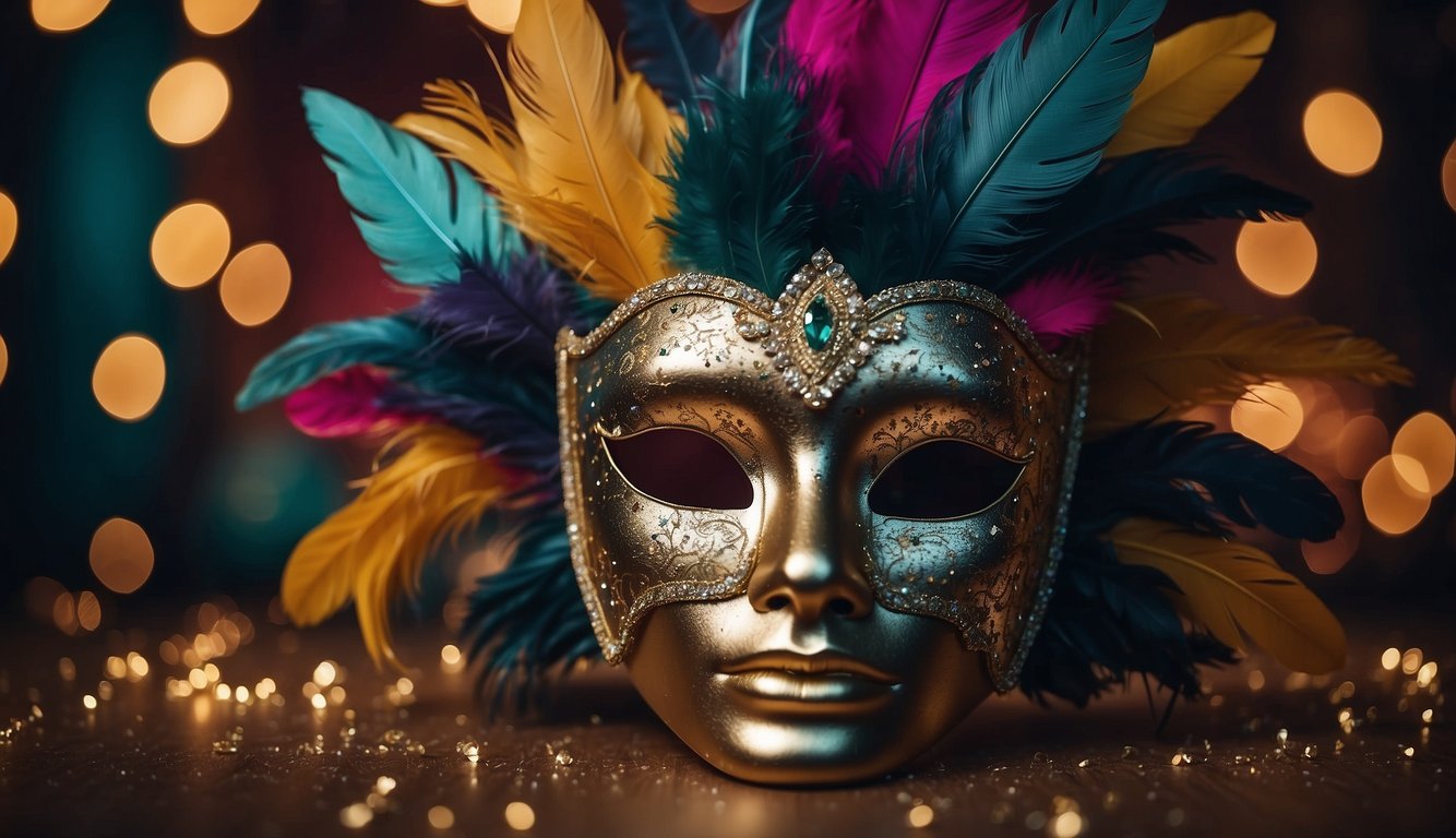 A grand ballroom adorned with regal decorations and golden accents, filled with guests in opulent masquerade attire, as the Coronation Ceremony masquerade prom theme comes to life Masquerade Prom Theme