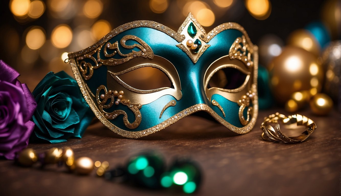 Colorful masquerade masks, elegant invitations, and grand announcements adorn a ballroom setting with opulent decor and twinkling lights Masquerade Prom Theme