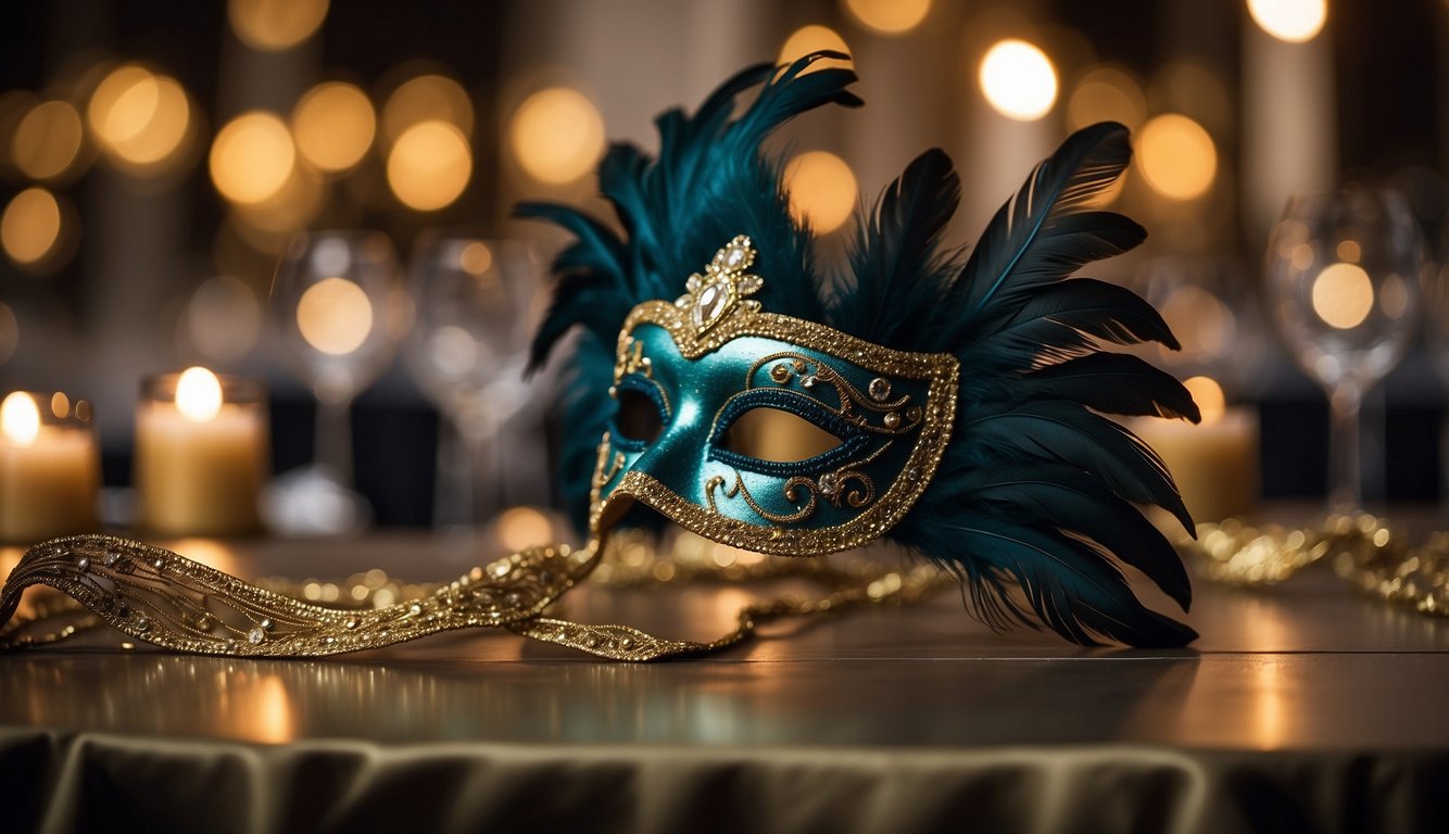 A grand ballroom adorned with elegant masks, feathers, and glittering lights. Tables are set with lavish favors and gifts, creating a magical atmosphere for a masquerade prom theme Masquerade Prom Theme