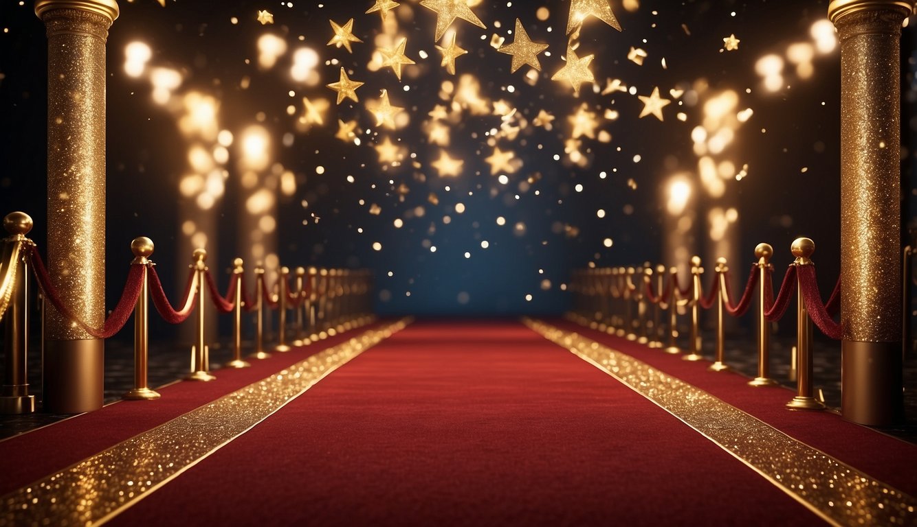A red carpet lined with golden stars leads to a grand entrance adorned with sparkling lights and velvet ropes, setting the stage for the perfect Hollywood prom theme Hollywood Prom Theme