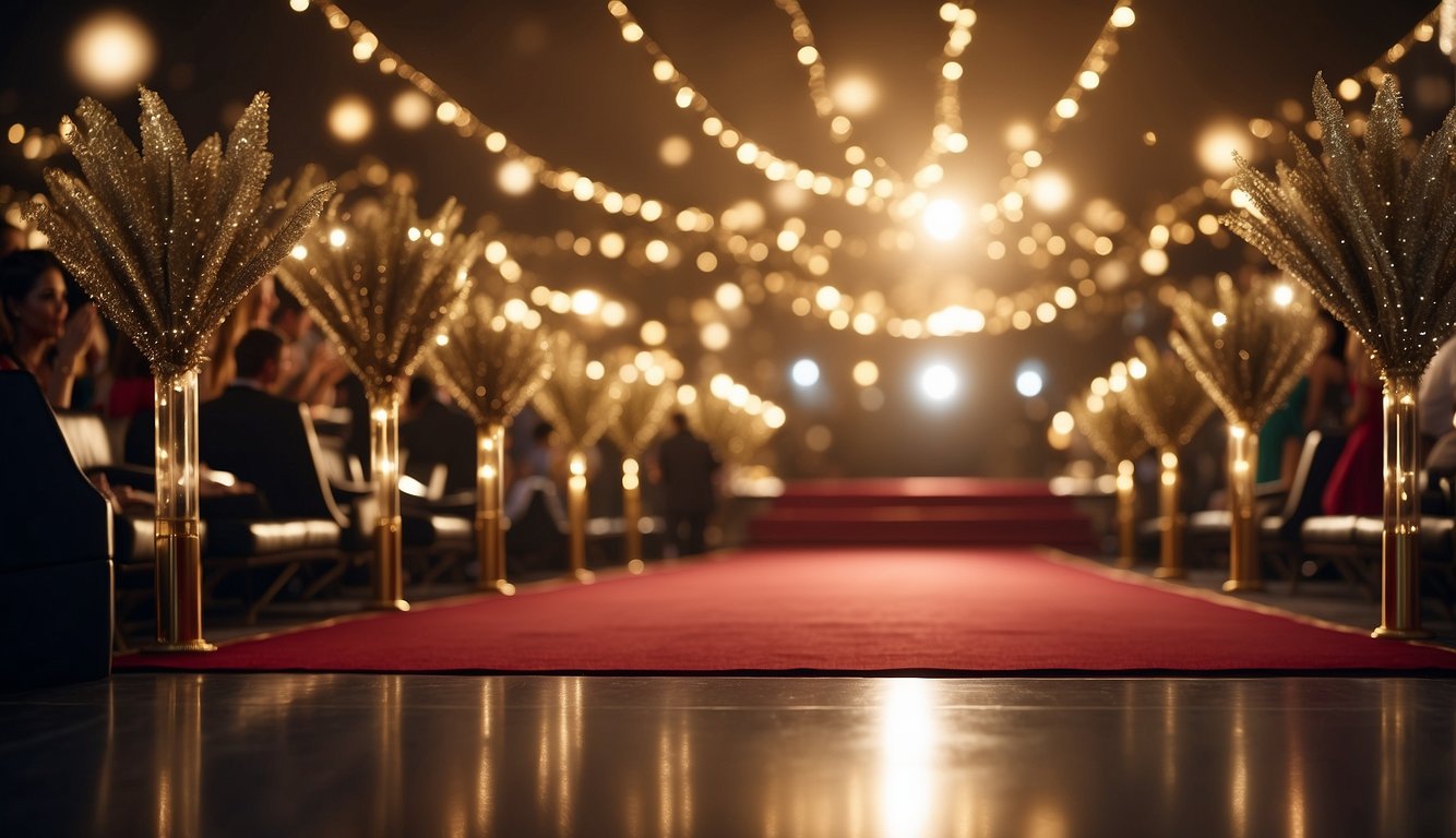 The scene is set in a glamorous Hollywood prom theme, with sparkling lights, red carpet, and elegant decorations creating a dazzling and luxurious atmosphere Hollywood Prom Theme