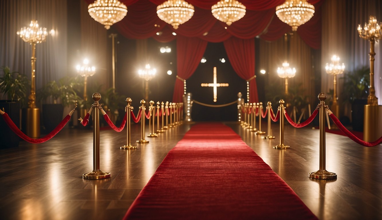 A glamorous red carpet lined with gold stanchions and velvet ropes, leading to a grand entrance adorned with sparkling lights and a marquee sign that reads "Hollywood Prom." Hollywood Prom Theme