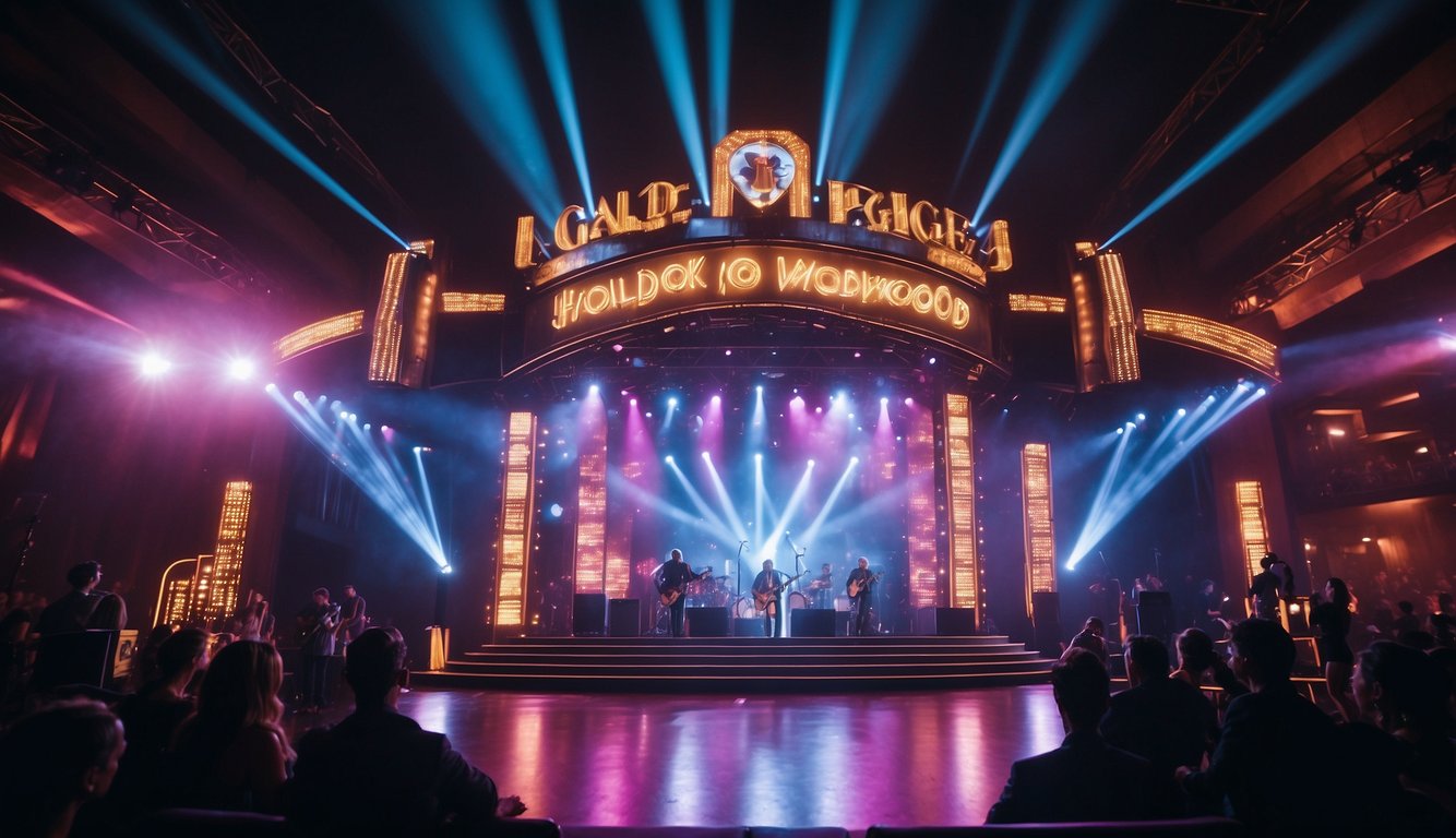A grand stage with neon lights, a glittering dance floor, and a live band playing under a Hollywood sign backdrop Hollywood Prom Theme