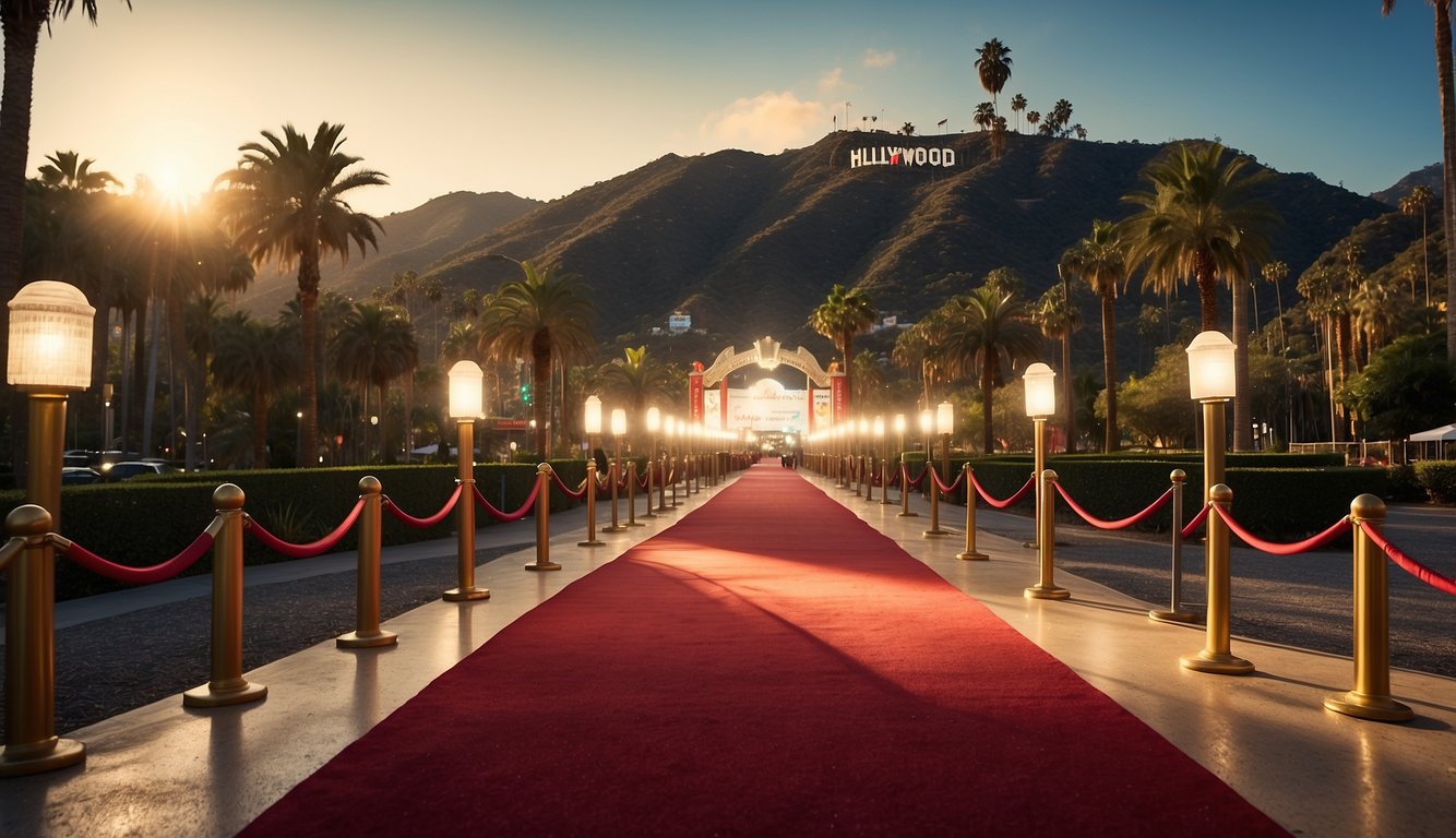 The Hollywood prom theme features a red carpet entrance, sparkling lights, and a backdrop of the iconic Hollywood sign and palm trees Hollywood Prom Theme