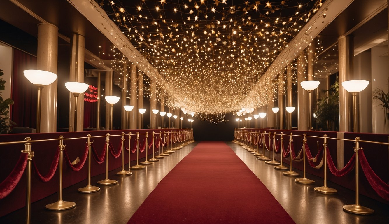 A red carpet lined with gold stars leads to a grand entrance adorned with sparkling lights and velvet ropes. A marquee sign displays "Hollywood Prom" in bold, glittering lettersHollywood Prom Theme