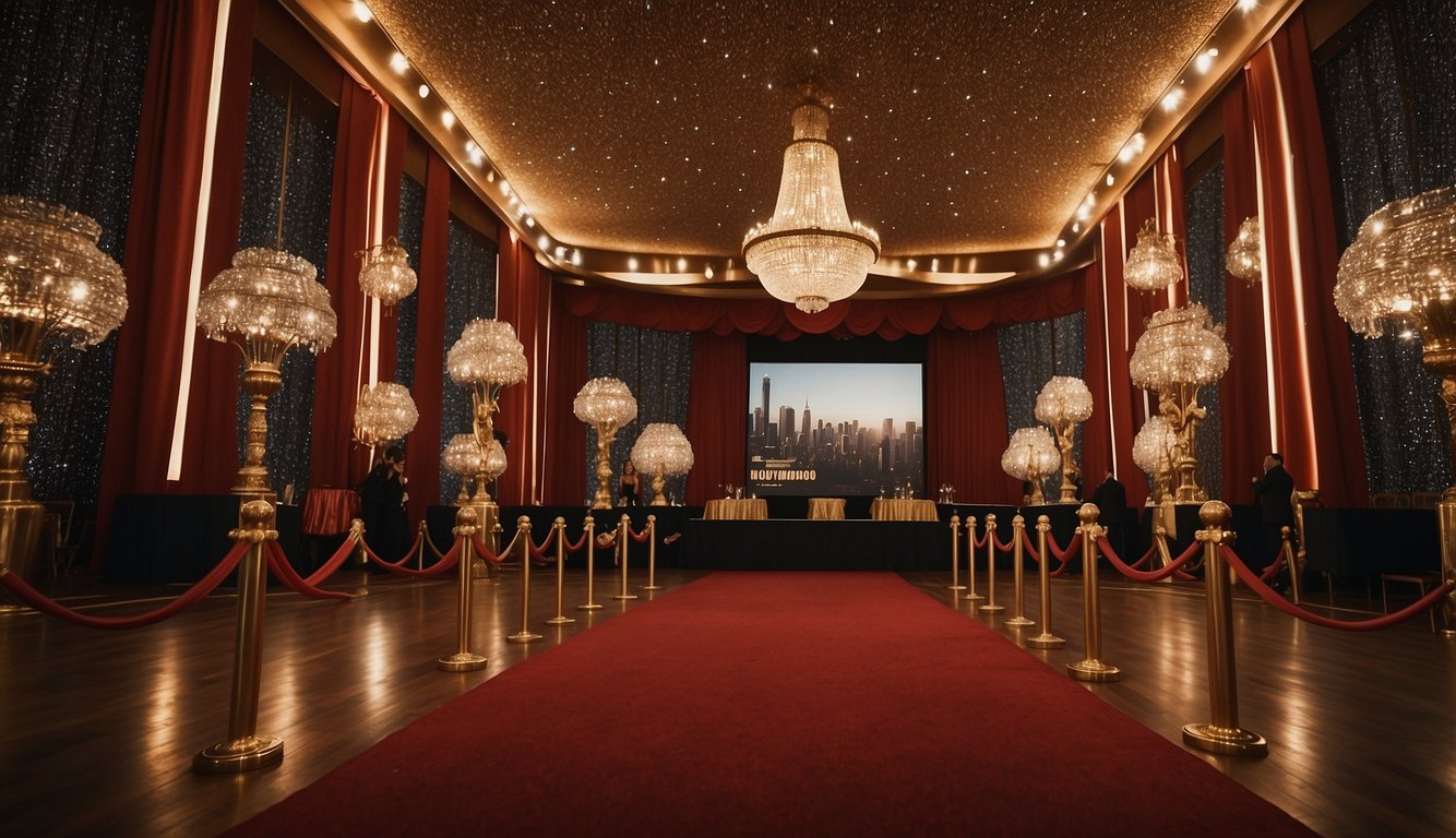 A red carpet lined with golden stars leads to a grand ballroom adorned with sparkling chandeliers and vintage movie posters. Tables are draped in black and gold, while a giant Hollywood sign serves as the backdrop Hollywood Prom Theme