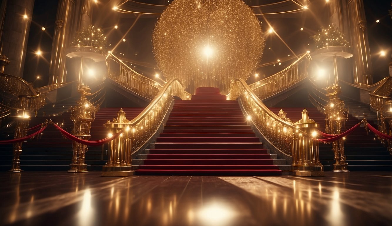 A red carpet lined with golden stars leads to a grand staircase adorned with twinkling lights, setting the stage for a glamorous Hollywood prom theme Hollywood Prom Theme
