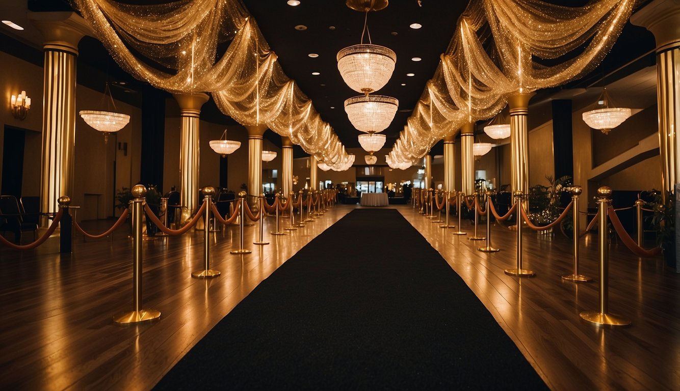 A red carpet lined with golden stanchions leads to a grand entrance adorned with sparkling lights and a marquee sign that reads "Hollywood Prom." Tables are draped in black and gold, with glittering centerpieces and elegant invitations awaiting guests Hollywood Prom Theme