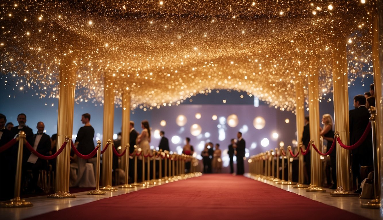 A red carpet lined with gold stars leads to a grand entrance adorned with sparkling lights and paparazzi. Tables are set with elegant centerpieces and luxurious linens, while a stage is illuminated for live entertainment Hollywood Prom Theme