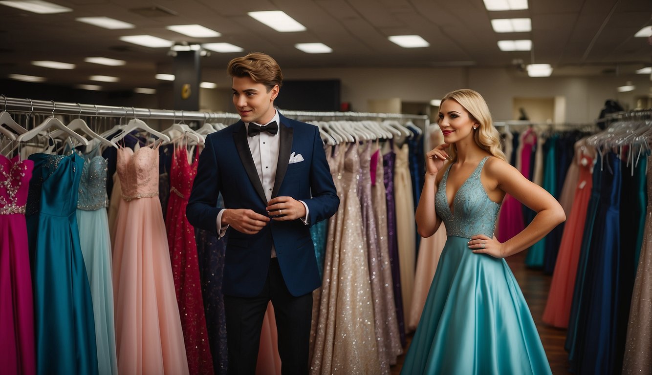 A couple stands in front of a rack of prom dresses and suits, carefully examining the options. The girl holds up a flowing gown while the boy considers a sharp tuxedoProm Poses for Couples