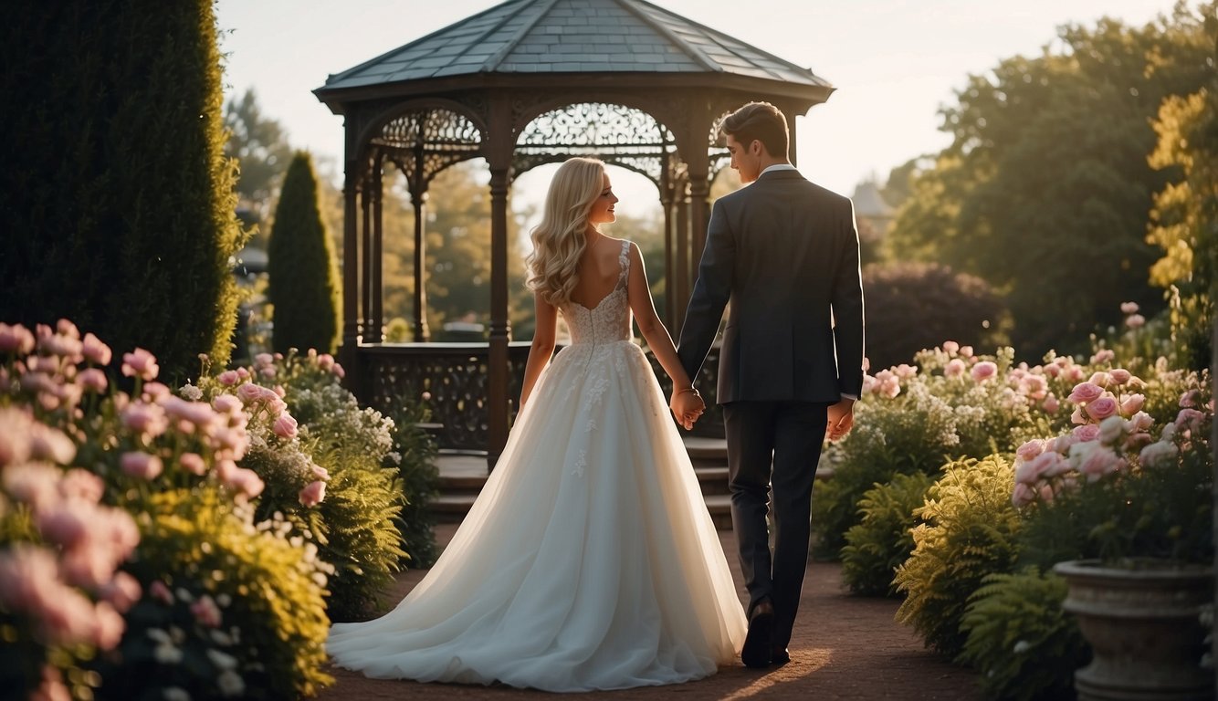A picturesque garden with blooming flowers and a charming gazebo makes the ideal location for prom photos and couple poses Prom Poses for Couples