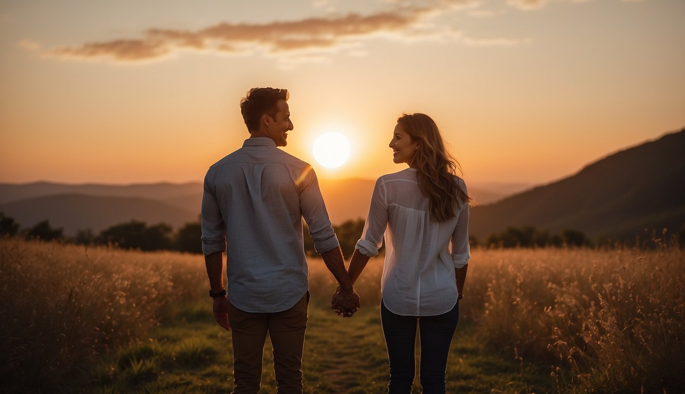 A couple stands facing each other, holding hands and smiling. The sun sets behind them, casting a warm glow. They are framed by a beautiful natural backdrop, with soft lighting highlighting their features Prom Poses for Couples