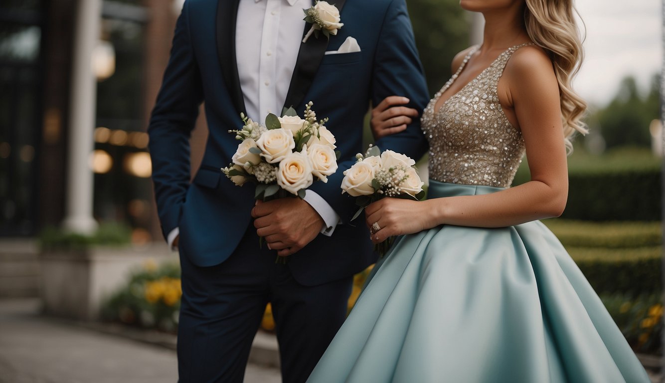 Couples in formal attire pose with corsages and boutonnieres, while accessories like jewelry, clutch purses, and bowties add a touch of elegance to the scene Prom Poses for Couples
