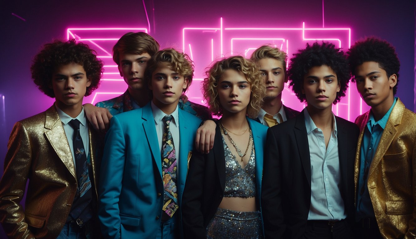 A group of teenagers dressed in 80s prom attire pose in front of a backdrop with neon lights and geometric patterns. Music posters and cassette tapes decorate the walls 80s Prom Pictures