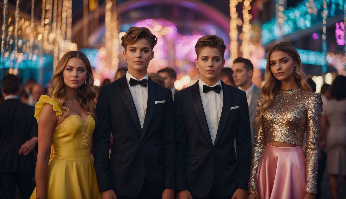A group of teenagers in colorful, puffy-sleeved dresses and sharp tuxedos pose in front of a glittering backdrop, surrounded by neon lights and oversized, retro-themed decorations 80s Prom Pictures